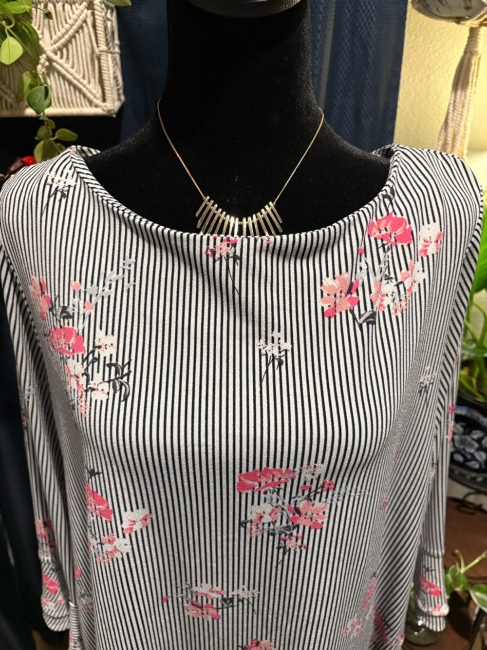 Charter Club Black & White Striped Top with Pink Floral Accents Bell Sleeves